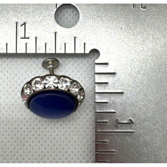 Vintage Blue Rhinestone Round Silver Tone Screw Back Earrings 1960s‎ Retro - Picture 6 of 7
